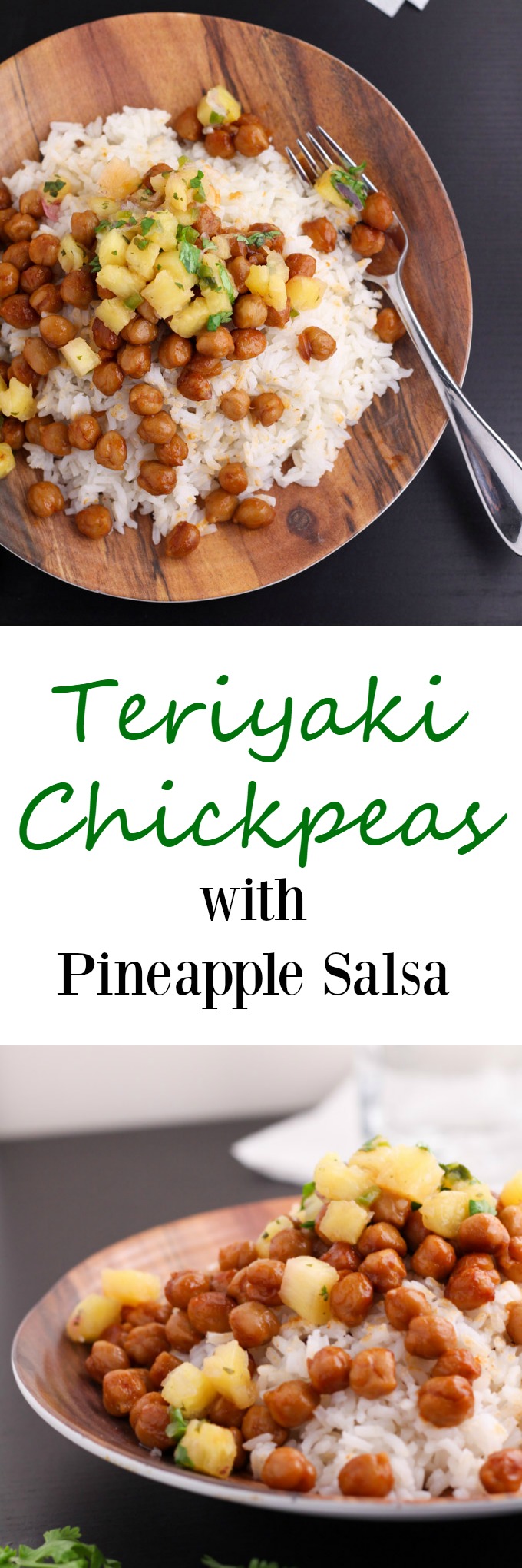 A really simple, delicious, and vegan recipe for teriyaki chickpeas. Serve over rice and top with pineapple salsa. It's a yummy and easy dinner. www.cookingismessy.com