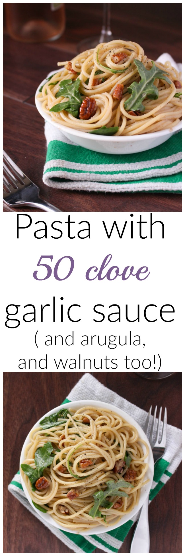 Incredibly yummy and flavorful pasta with 50 clove garlic sauce, with arugula, and walnuts. This sauce is very tasty and you won't have garlic breath after. 