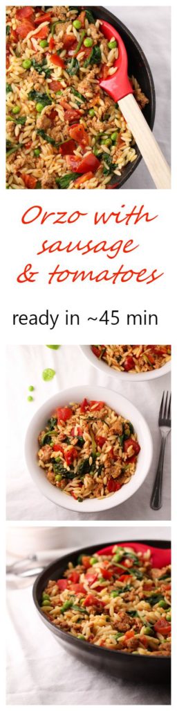 Ready in about 45 minutes this recipe for Orzo with sausage, tomatoes, spinach, and peas is a must for weekday dinners. 