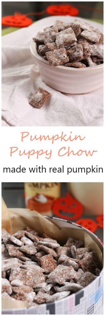 Pumpkin Puppy Chow is easy to make, tasty, and made with real pumpkin!