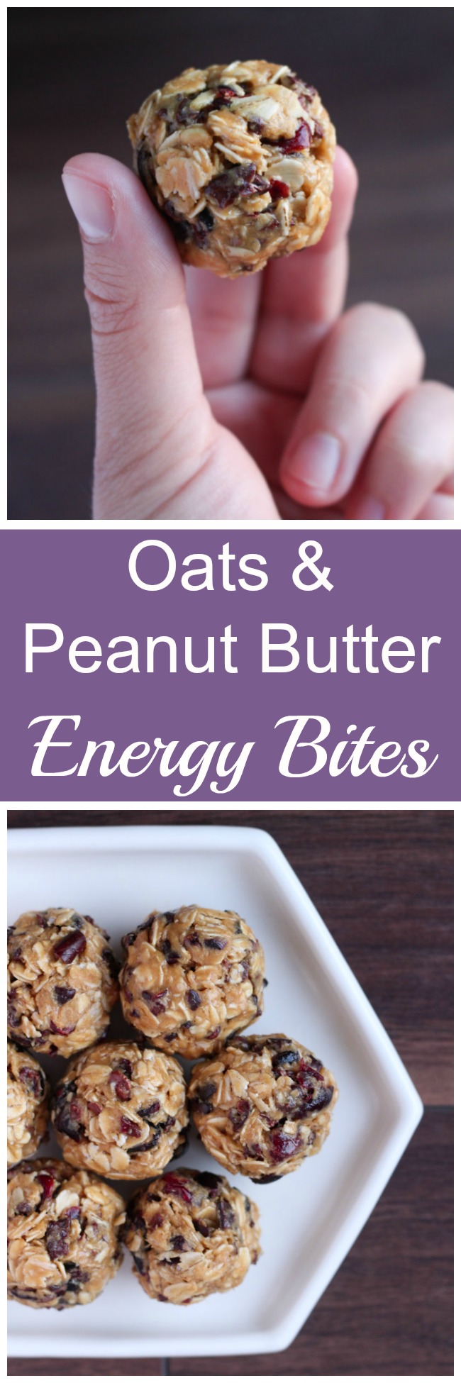 This recipe for no-bake, oats and peanut butter energy bites are satisfying and delicious snacks any time. Stir in dried fruit like cranberries, crunchy bits like nuts or cocoa nibs, and sweet treats like m&m's and you have a customized treat! www.cookingismessy.com