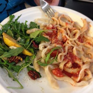 Pici Pasta, Tomato Sauce, and Salad